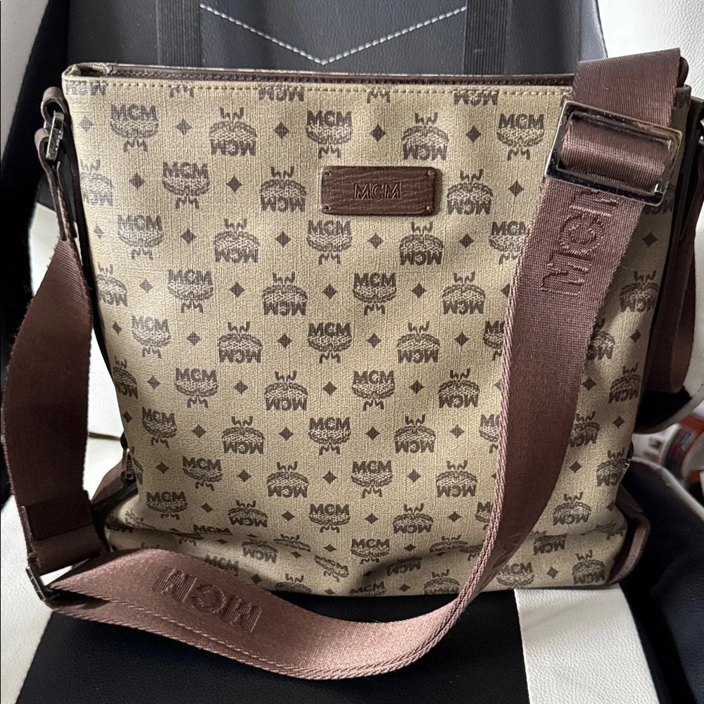MCM Tan and Brown Logo Messenger Bag